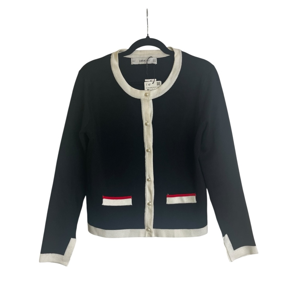 Zara Black Knit Jacket with Cream Trim and Red Pocket Accents Sz M